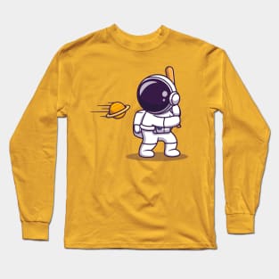 Cute Astronaut Hit Planet Ball With Baseball Stick Cartoon Long Sleeve T-Shirt